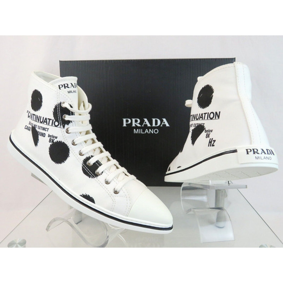 PRADA 1T618M WHITE BLACK POLKA CANVAS LOGO POINTY CAP HIGH TOP SNEAKERS 40 ITALY - Picture 7 of 15